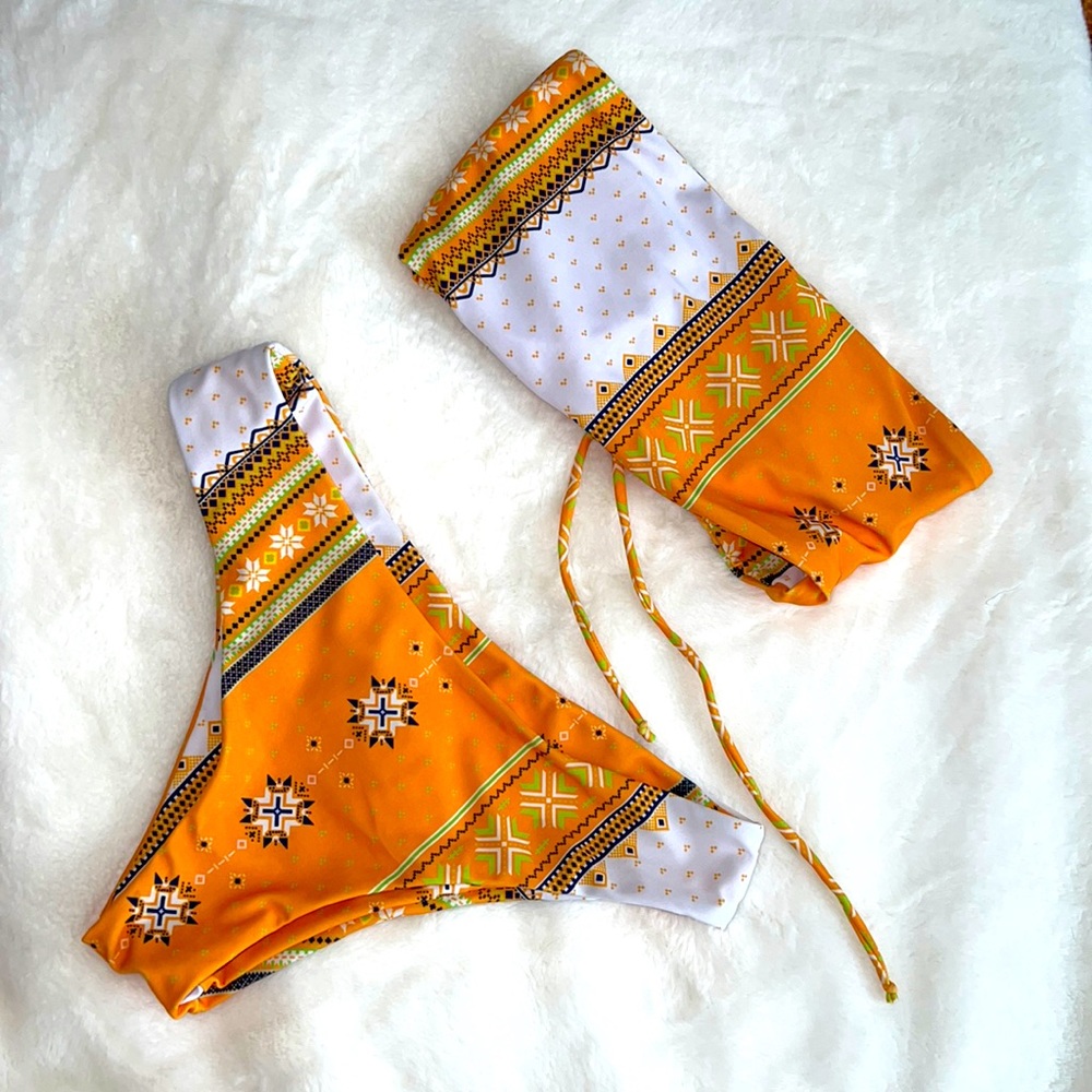 Shein bandeau bikini orange hippie pattern size medium